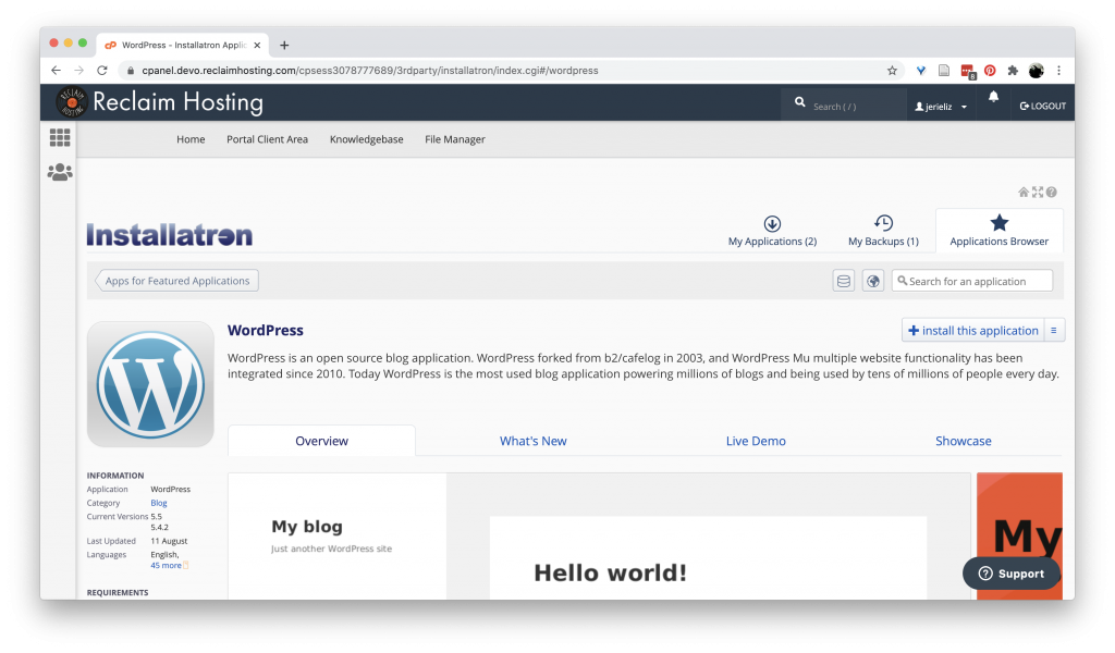 WordPress Application page in Reclaim Hosting
