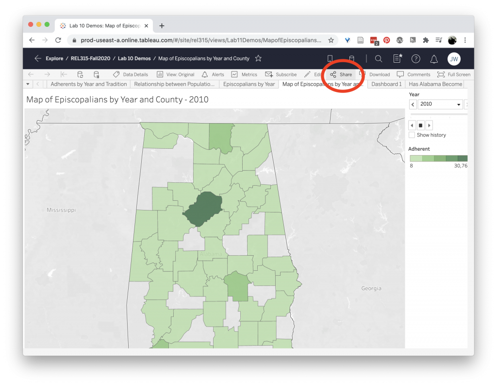 Share button in the Tableau Online interface