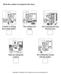 worksheet with steps for baking cookies to be put in chronological order