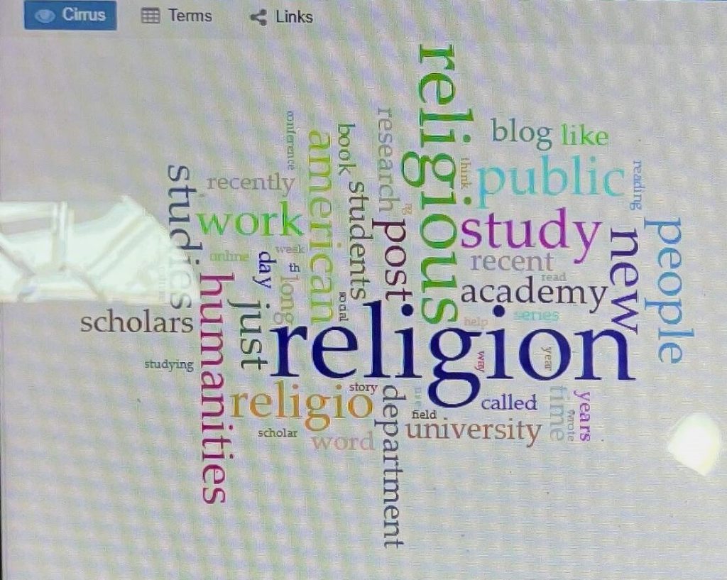 Screenshot of full blog data word cloud through Voyant tools. Highlighting most used words including religion, religious, study, academic, American, study, and public. 
